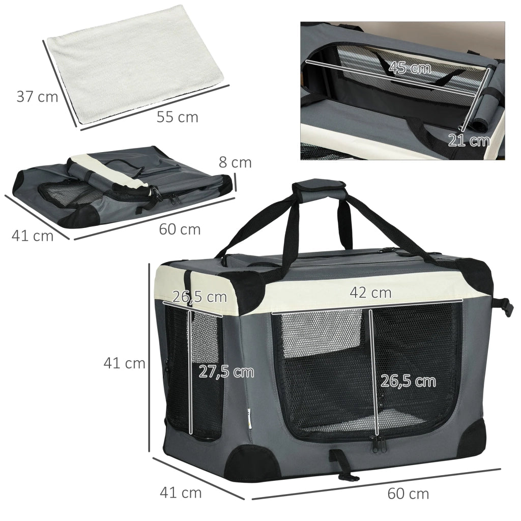 Borsa di trasporto pieghevole per cani di piccola taglia 60 x 41 x 41 cm apertura con cerniera cuscino rimovibile semplice in poliestere grigio 21_0007241