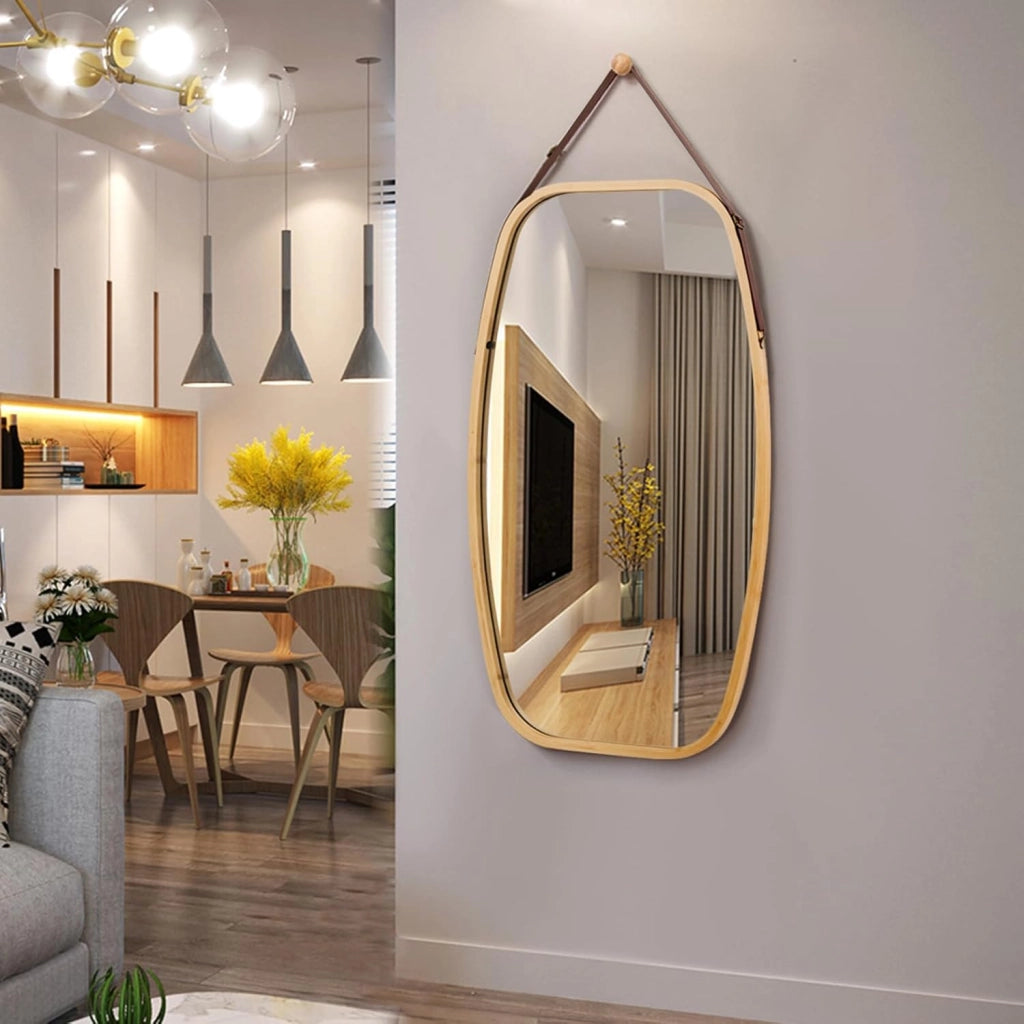 Specchio Ovale da Parete, Specchio Sospeso per Appendere, Cornice in Bambù, Moderno, per Bagno Camera da Letto Soggiorno (77 x 44 x 1,5 cm)