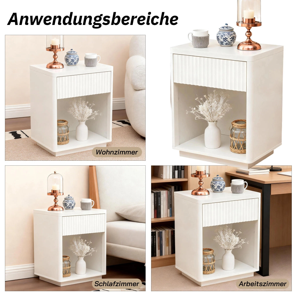 Comodino con cassetto e vano aperto, design a onde, per camera da letto, in MDF, bianco, 63,5 × 38 × 46,5 cm