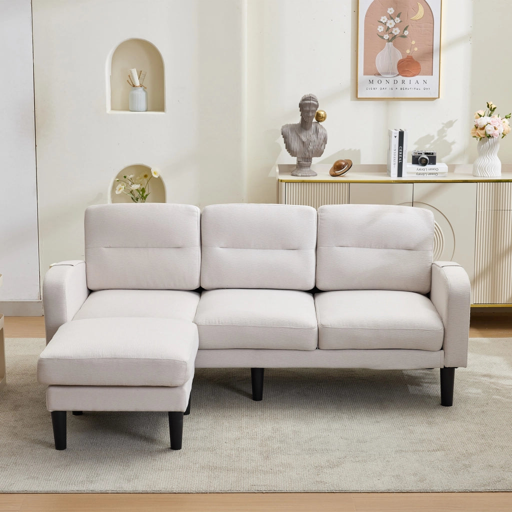 Divano ad angolo, divano a L a 3 posti, con poggiapiedi, 204x136x80 cm, beige