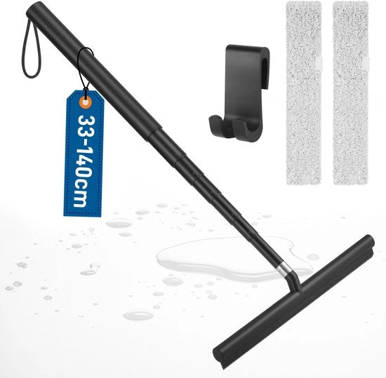 Douchewisser in Acciaio Nero Lungo, Douchewisser con Asta Telescopica 33-140cm, Douchewisser in Silicone per Finestre, Pavimenti, Doccia, con Ganci, Asciugamani