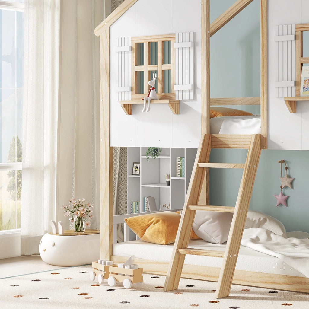 letto a castello in legno massiccio e mdf bianco naturale 90x200 cm