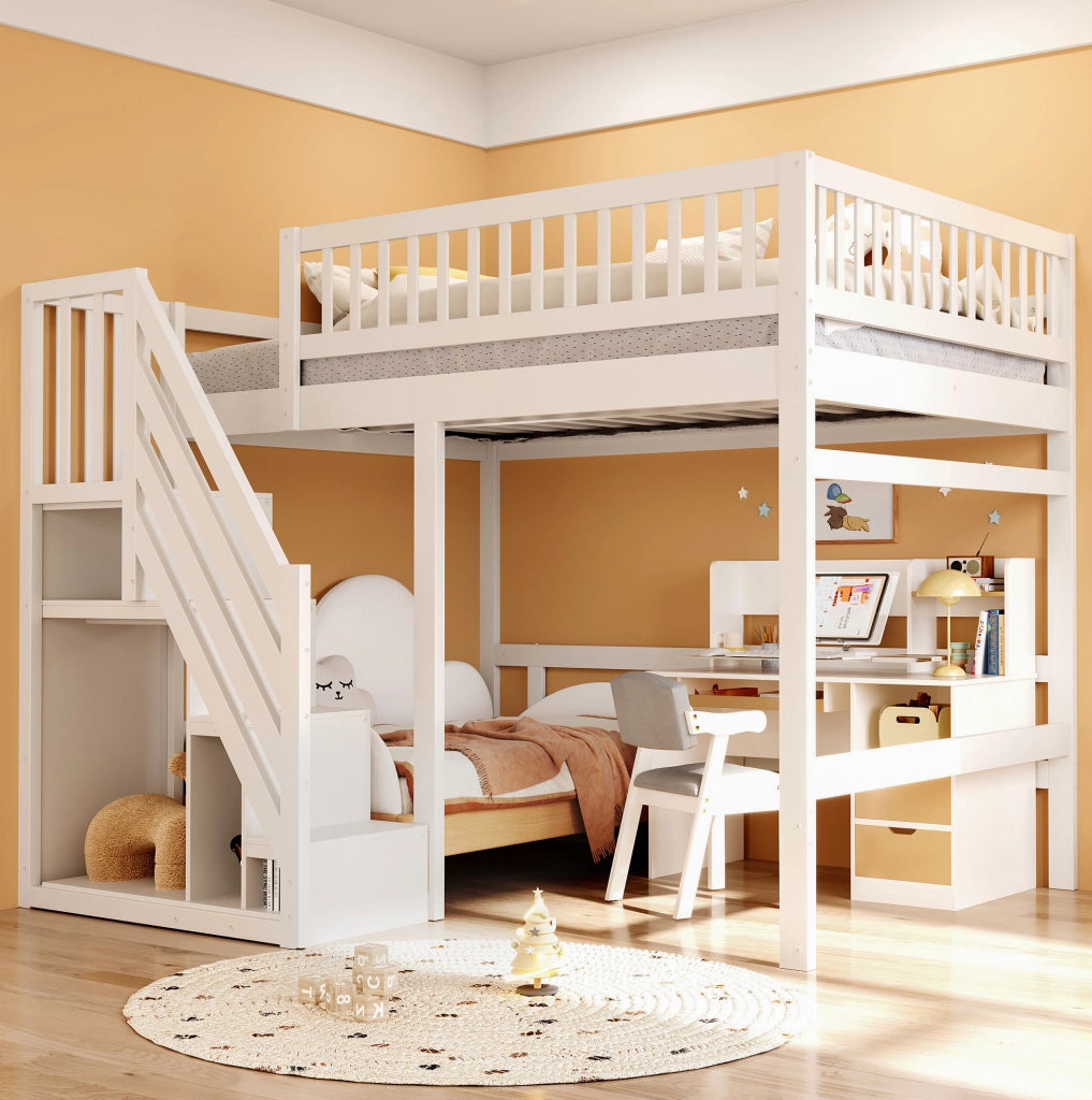 Letto a soppalco 140x200 cm con scala contenitore e sponda alta