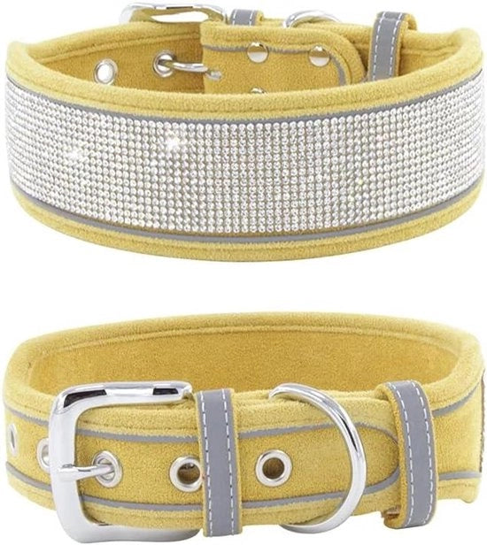 Collare con strass e suède per cani di taglia media e grande (M: 15-19 pollici giallo)