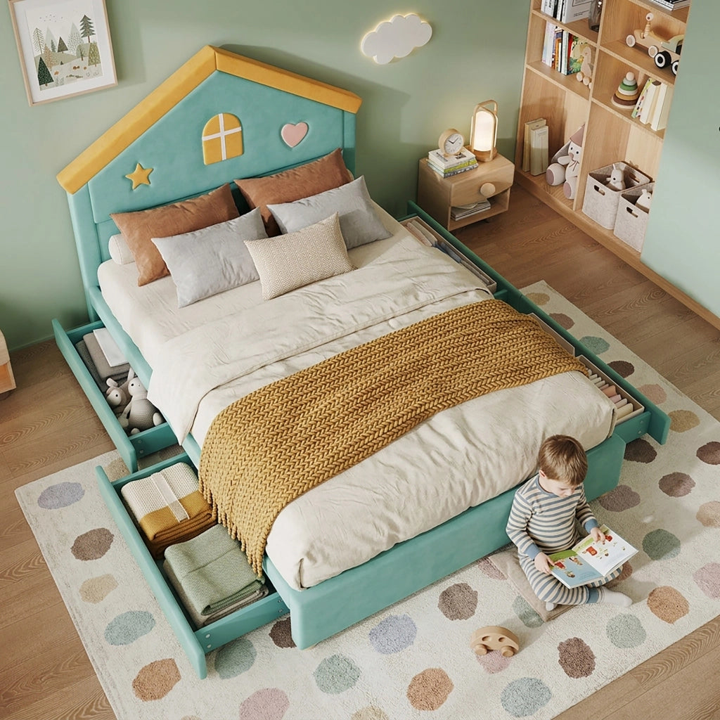 letto per bambini velluto blu verde 140 x 200 cm