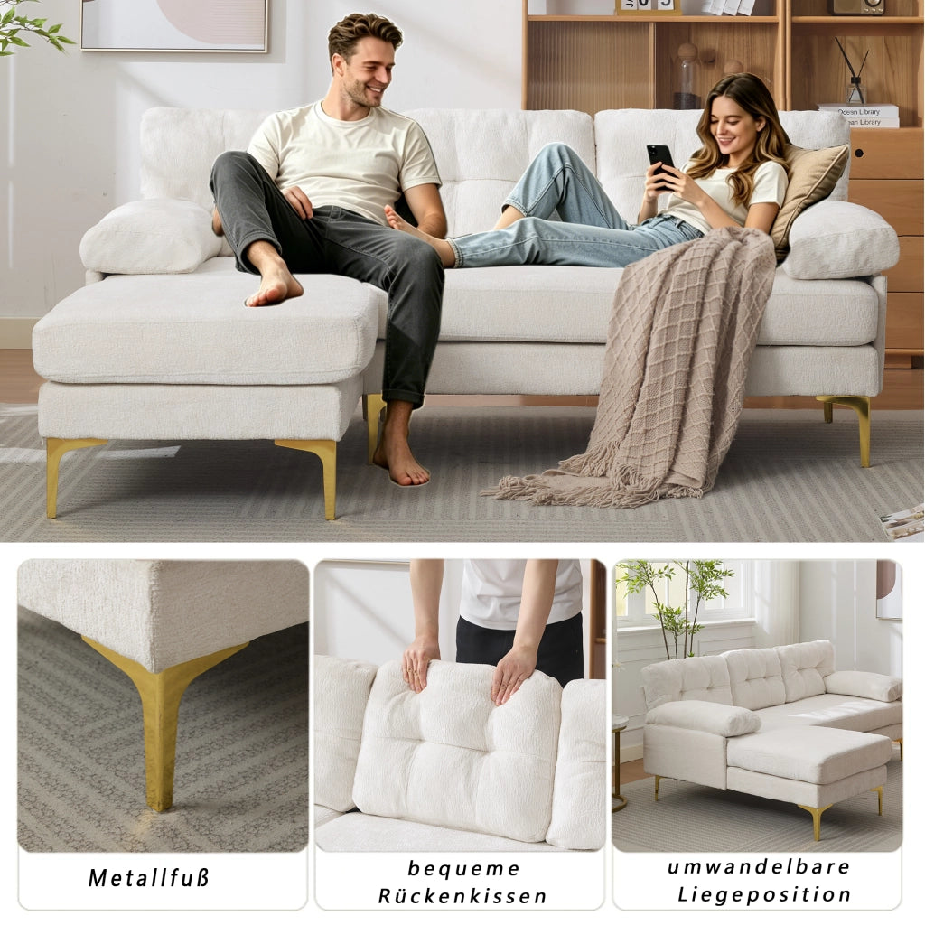 Divano ad angolo reversibile a 3 posti con braccioli imbottiti e cuscini in chenille e legno beige