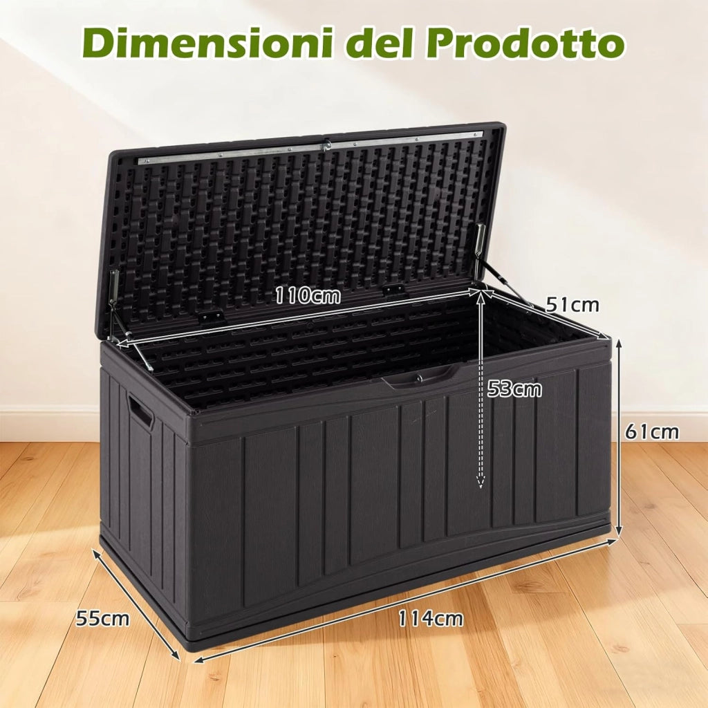 Baule da Esterno 300L Impermeabile in Resina, Cassapanca Contenitore da Esterno con Pistoni a Gas, Predisposizione per Serratura e 2 Maniglie Laterali, Resistente, 114 x 55 x 61 cm (Marrone)