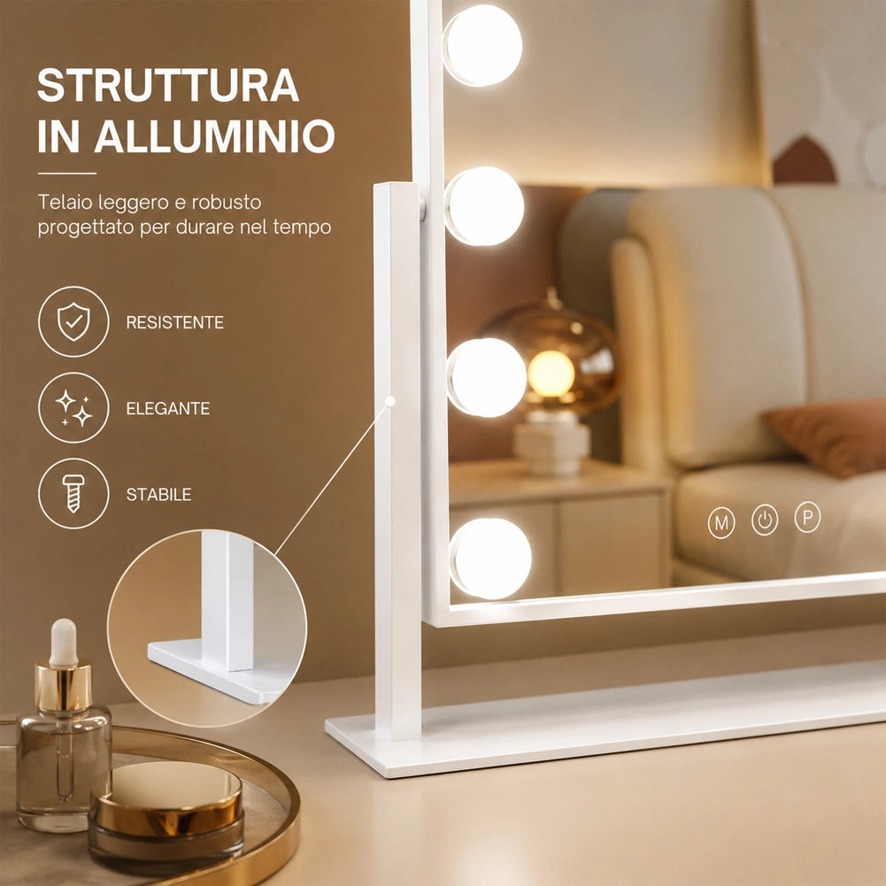 Specchio ad Arco da Tavolo Struttura in Alluminio e Led a Bulbi 3 Colori 30x40cm
