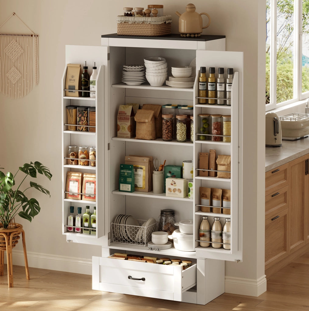 Armadio dispensa da cucina 80x35x183 cm con 2 ante e cassetto in MDF bianco
