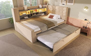 Letto imbottito 90x200 cm con letto estraibile, LED, prese USB, testiera L reversibile e contenitore