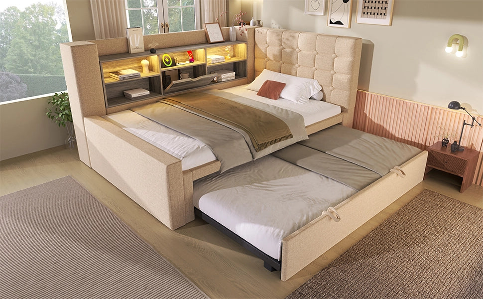 Letto imbottito 90x200 cm con letto estraibile, LED, prese USB, testiera L reversibile e contenitore