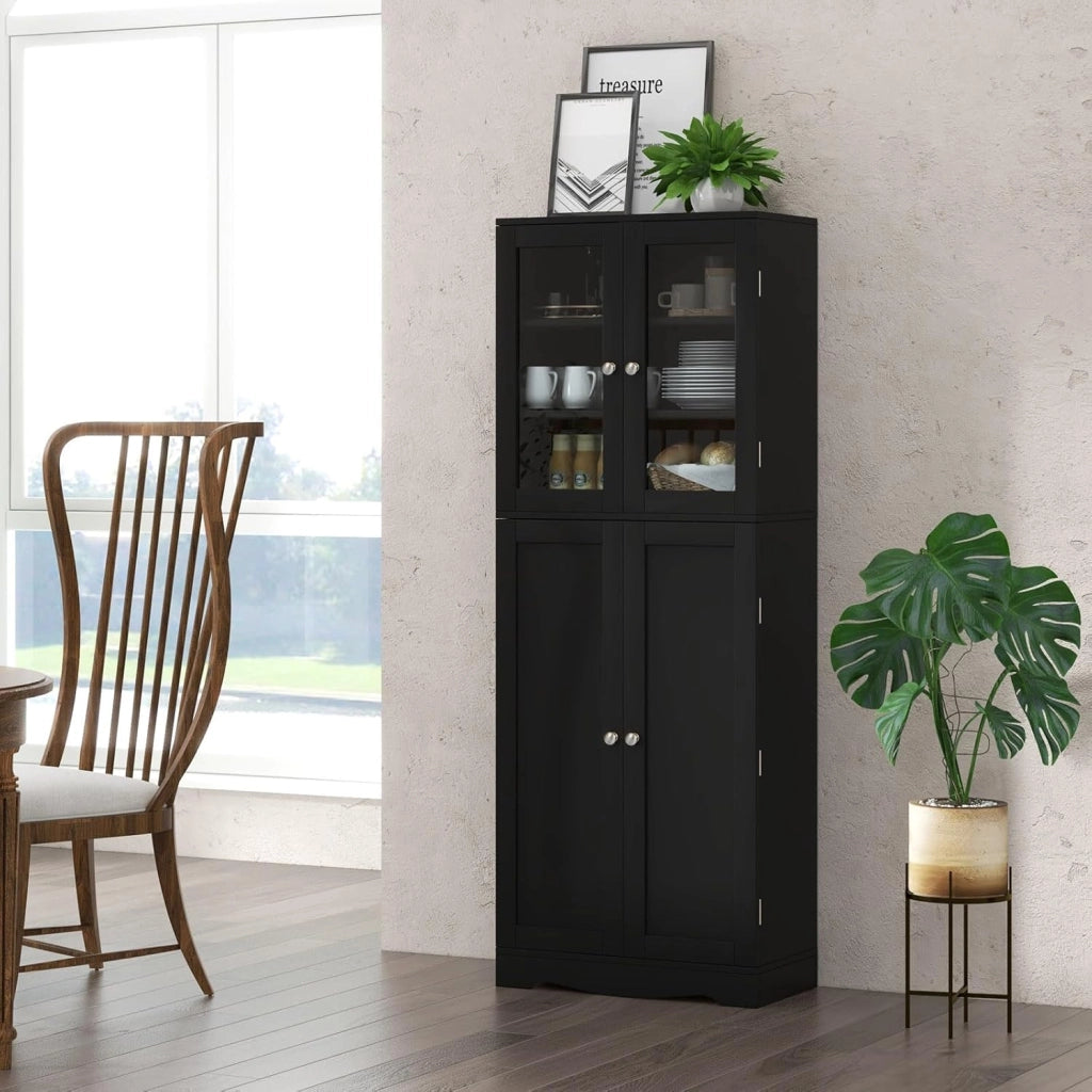 Armadietto portaoggetti da 161,3 cm, autoportante, alto, per cucina, bagno, soggiorno, ufficio, credenza in legno con ante e ripiani in vetro, 31,8 x 61 x 161,3 cm (nero)