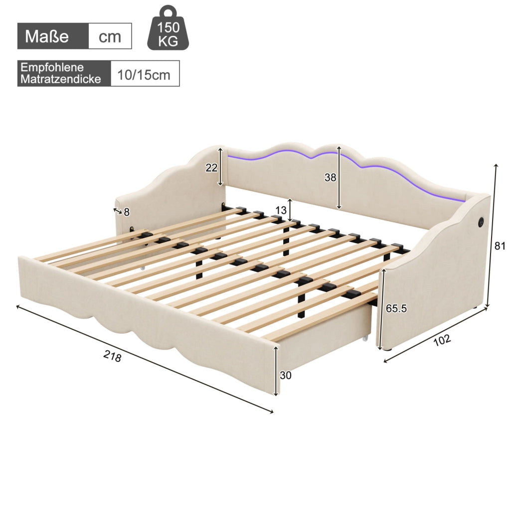 Letto estraibile 90x200 cm; 180x200 cm con LED; USB e Type-C in velluto beige
