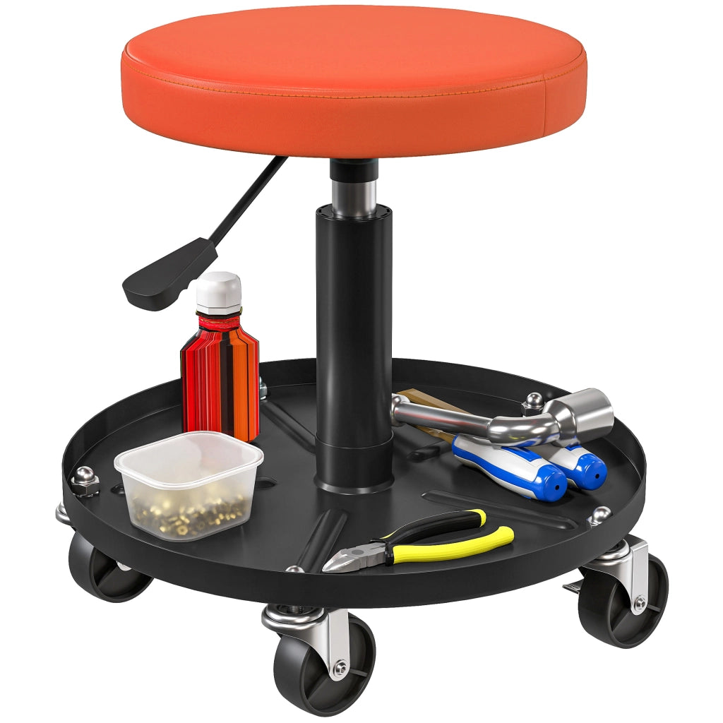 Sgabello da officina girevole 360° regolabile 38-50 cm con 5 ruote e vassoio portautensili per garage e fai da te, 38 x 38 x 38-50 cm, arancione