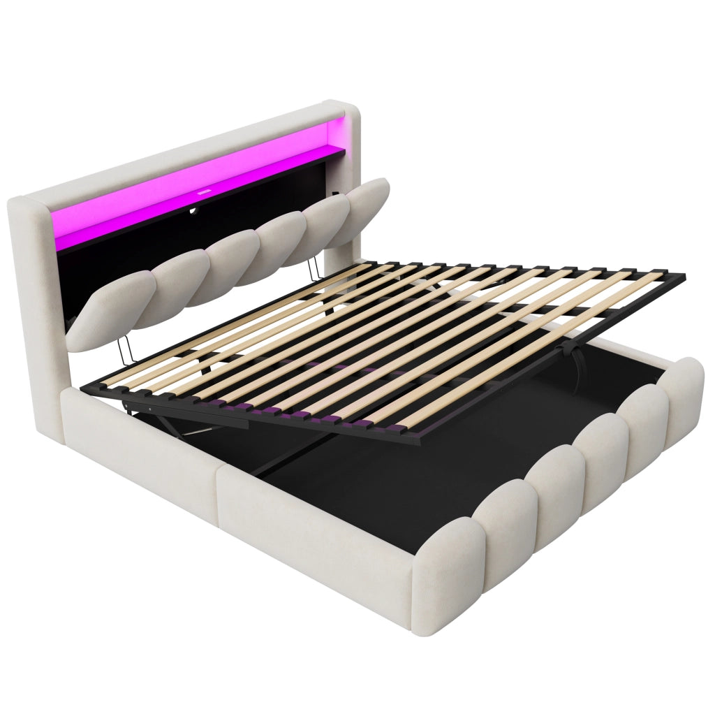Letto matrimoniale imbottito 180x200 cm in velluto beige con LED; USB e contenitore idraulico