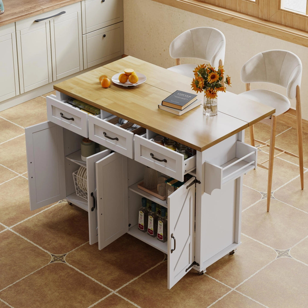 Carrello da Cucina con 4 Ante e 3 Cassetti; Piano Ribaltabile e Portaasciugamani; in MDF; 140x43(70)x90.5 cm