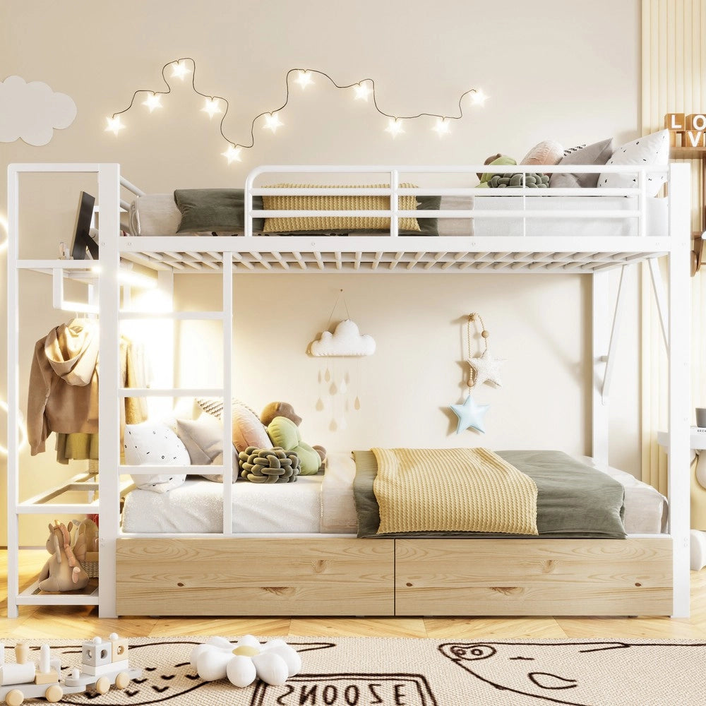 Letto a Castello 140x200 ¨C Xylo ¨C Bianco, Metallo, LED, Cassetti, Senza Materasso