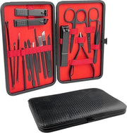 Set di Manicure in Acciaio Inossidabile Nero 18 Pezzi, con Scatola in Pelle Nero per Uomo e Donna, Ideale per Viaggi e Casa