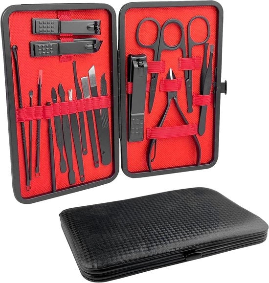 Set di Manicure in Acciaio Inossidabile Nero 18 Pezzi, con Scatola in Pelle Nero per Uomo e Donna, Ideale per Viaggi e Casa