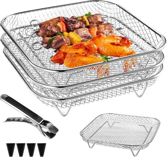 Accessori per Airfryer - Griglia per Forno - Cucina Efficient - Stivabile 3 livelli - 3 pezzi - Argento