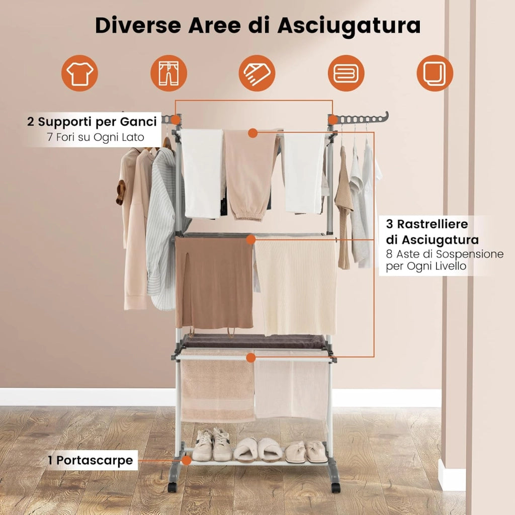 Stendibiancheria a Torre, Stendibiancheria Verticale Salvaspazio con Supporti per Grucce Girevoli e Piani Pieghevoli, Stendino Pieghevole con Ruote, 127x63x171cm (Grigio)
