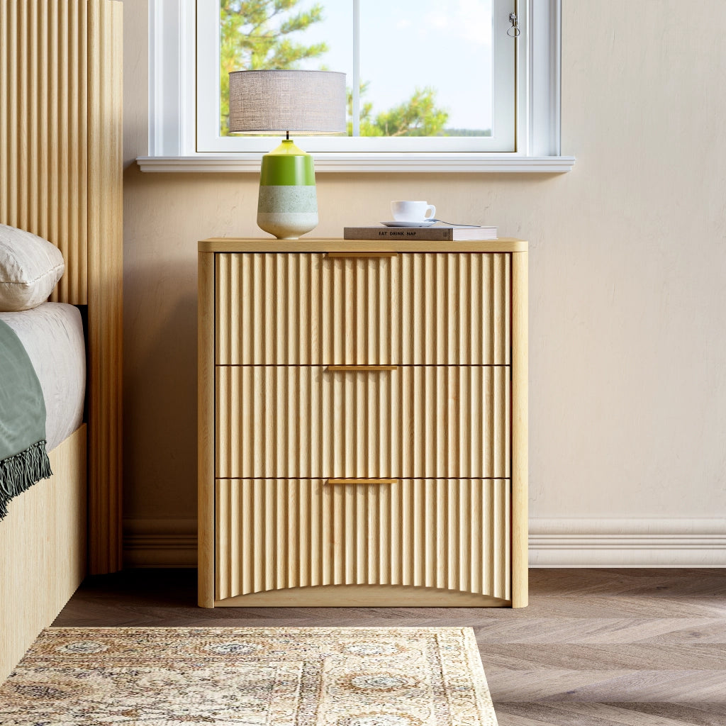 Comodino con 3 cassetti e guide ammortizzate pannelli scanalati MDF rovere camera da letto 58 × 38 × 64 cm