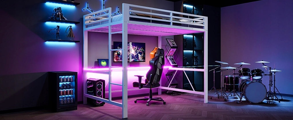 Letto da gioco 140x200 - Xylo - LED, USB, scrivania, bianco