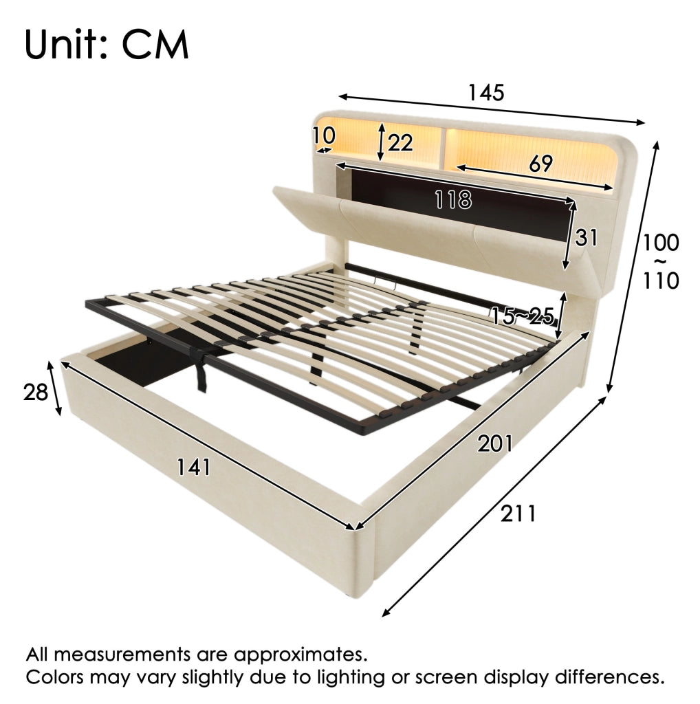 Letto matrimoniale 140x200 con contenitore, LED e USB-C