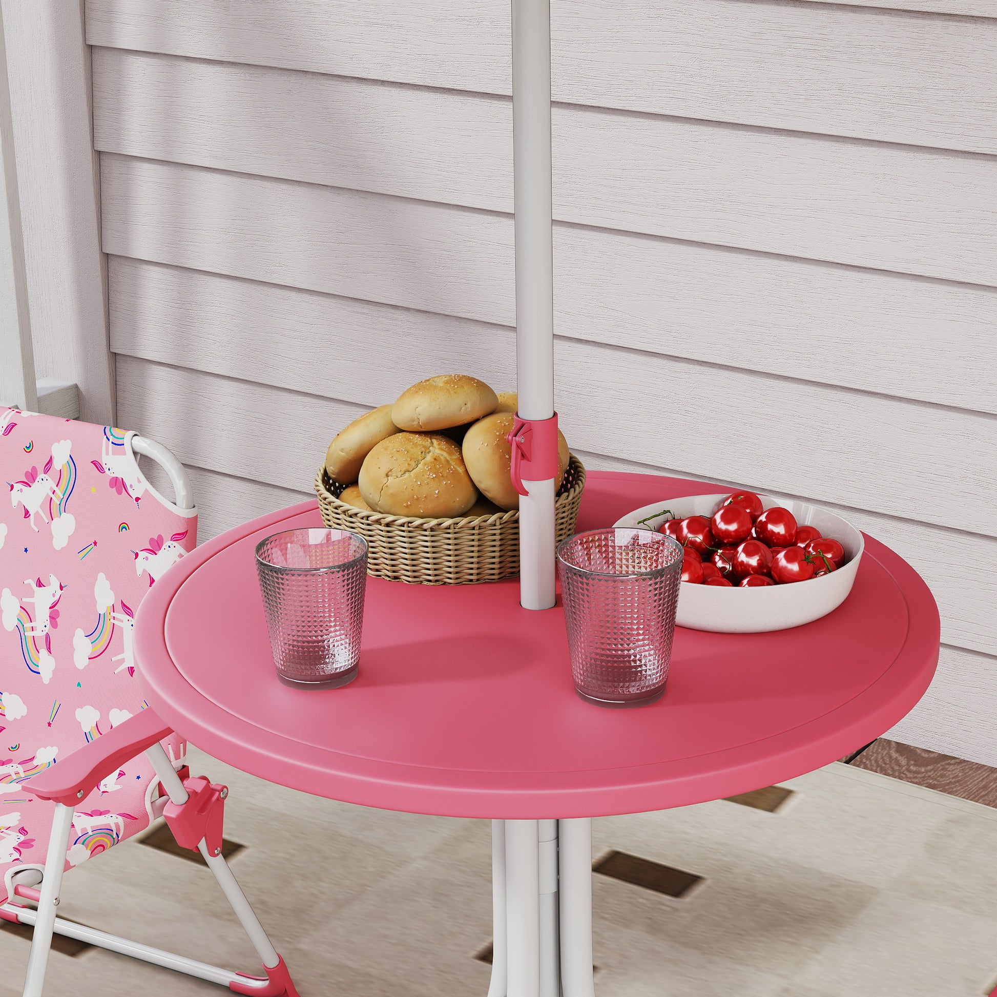 Set Tavolo e Sedie per Bambini con Ombrellone per Esterno in Acciaio Rosa