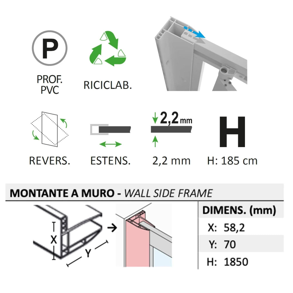 Parete doccia Walk-in Lato 110 CM H 190 in Acrilico mod. Beatrix Profilo
