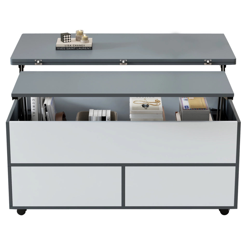 Tavolino da caffè sollevabile 100 x 98 x 65 cm in truciolare grigio e bianco; con ruote e contenitore