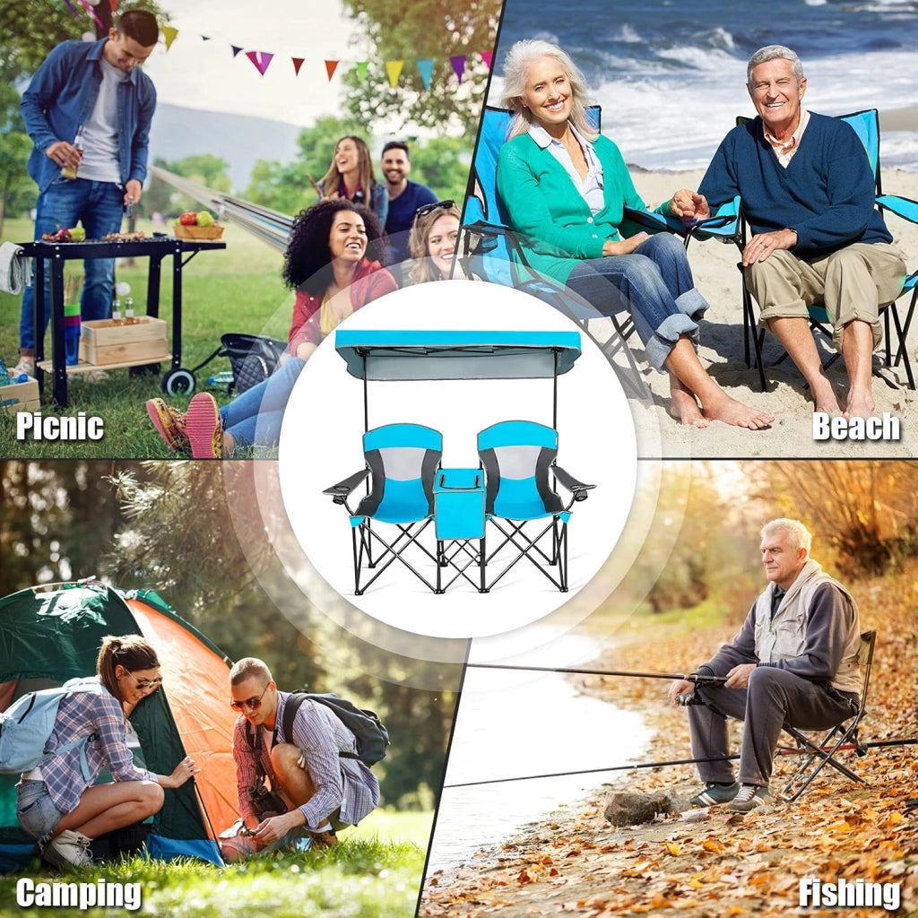 2 sedie da campeggio con tettuccio parasole, pieghevole doppia sedia da pesca con mini tavolo e borsa termica e porta bevande, sedia pieghevole per 2 persone, sedia da pesca in borsa (blu)