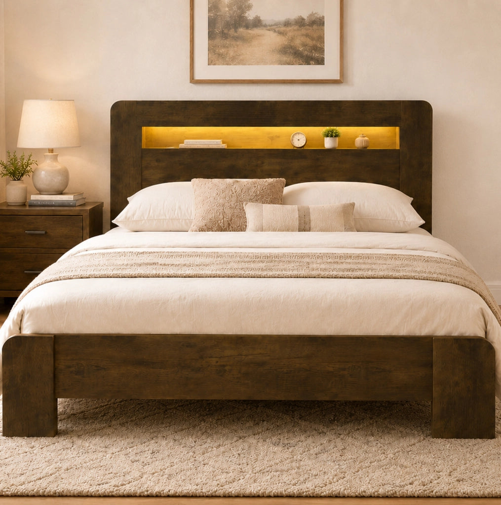 Letto matrimoniale 140x200 cm con contenitore, LED e prese integrate