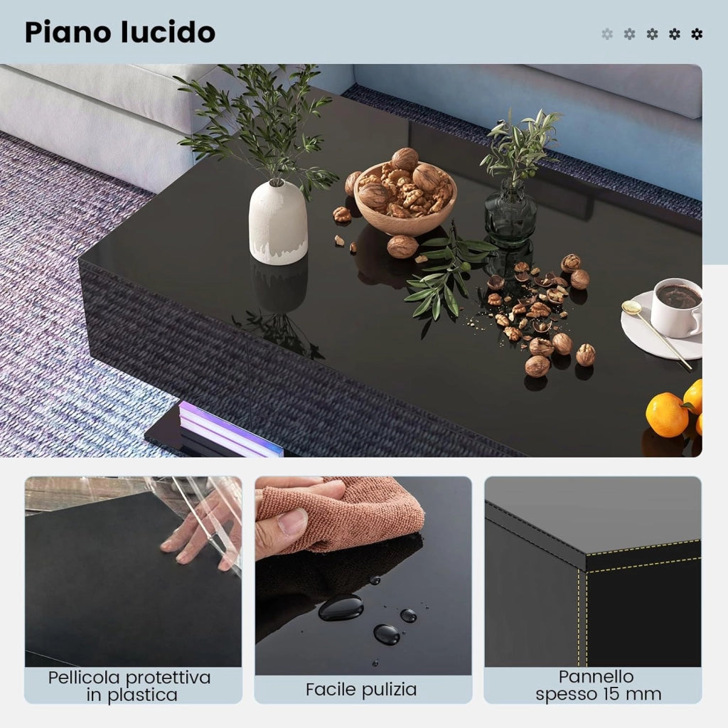 Tavolino da Caffè Moderno, Tavolino a 2 Piani con 20 Luci LED a Colori, 2 Cassetti Portaoggetti e Finitura Lucida, Tavolino Rettangolare per Salotto, Studio e Camera da Letto (Nero)