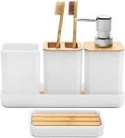Accessori da bagno (set da 5 pezzi) - Dispensatore di sapone e appoggio per spazzola da denti - Stile bohemiano moderno - Bianco