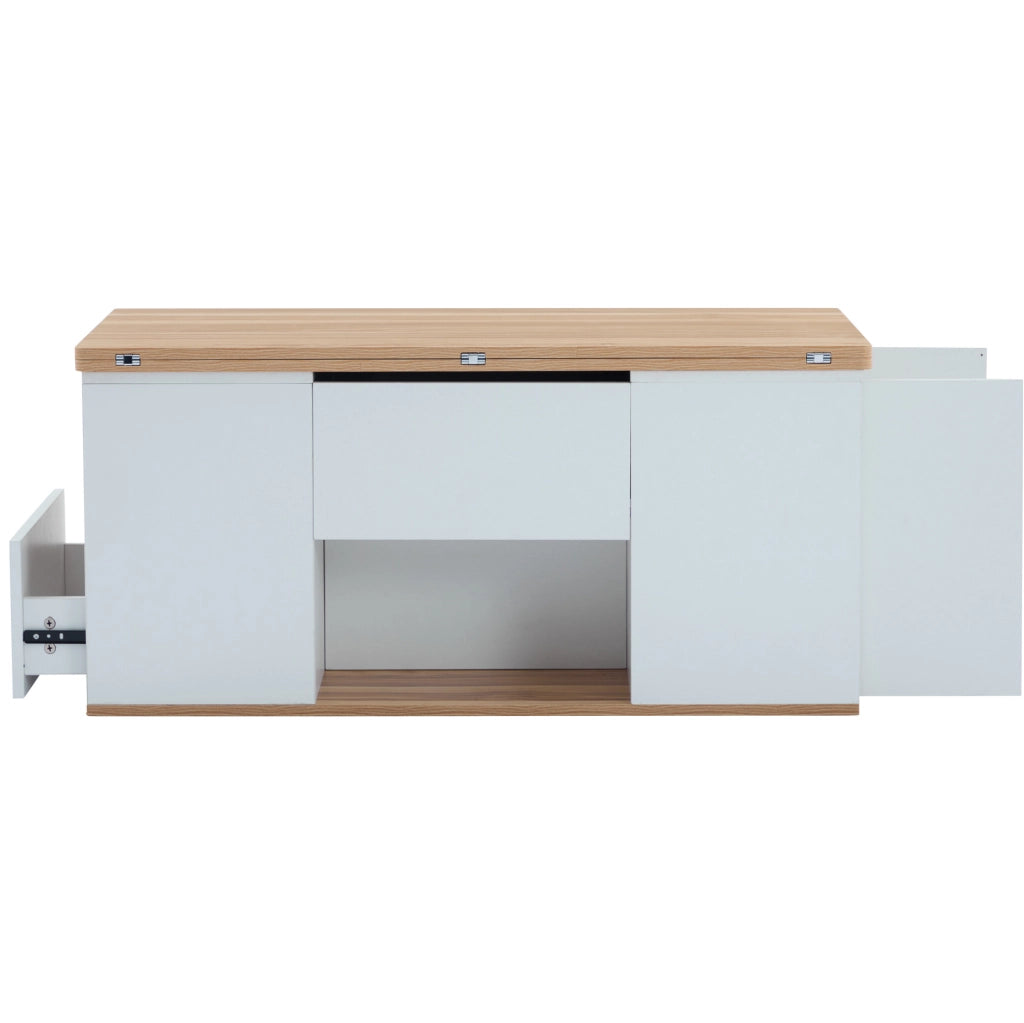 Tavolino da caffè elevabile 100 cm bianco e legno con 2 cassetti
