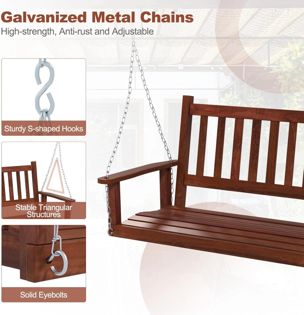 Altalena sospesa in legno per 2/3 persone con catene in metallo zincato regolabili e resistenti, con schienale a doghe e sedile per patio, giardino, 136 x 67 x 63 cm, marrone)