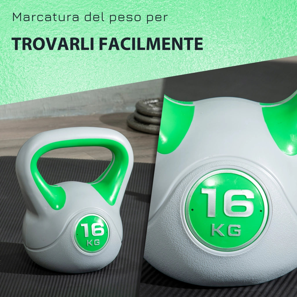 Kettlebell 16kg in PU e Sabbia con Base Piatta e Impugnatura per Stacchi, Squat e Sollevamenti, 27x17x31 cm, Verde