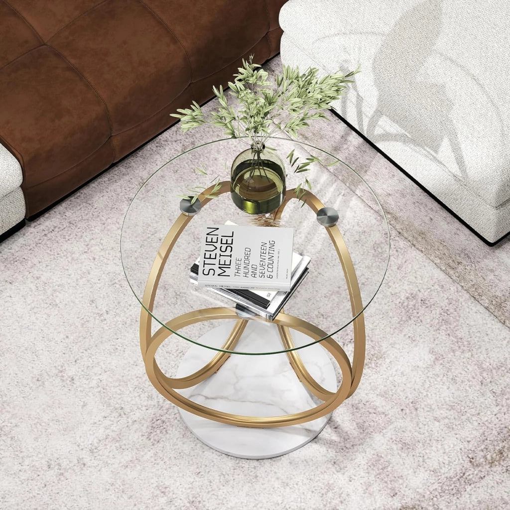 Tavolino da Salotto in Vetro, Tavolino da Caffè Rotondo con Struttura Geometrica ad Anello in Metallo Dorato a Forma di Cerchio, Tavolo Basso per Soggiorno, Ufficio e Studio