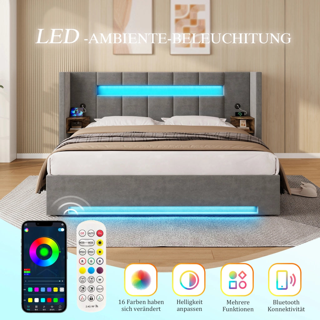 LETTO Contenitore 160x200 cm in velluto grigio scuro con USB e LED