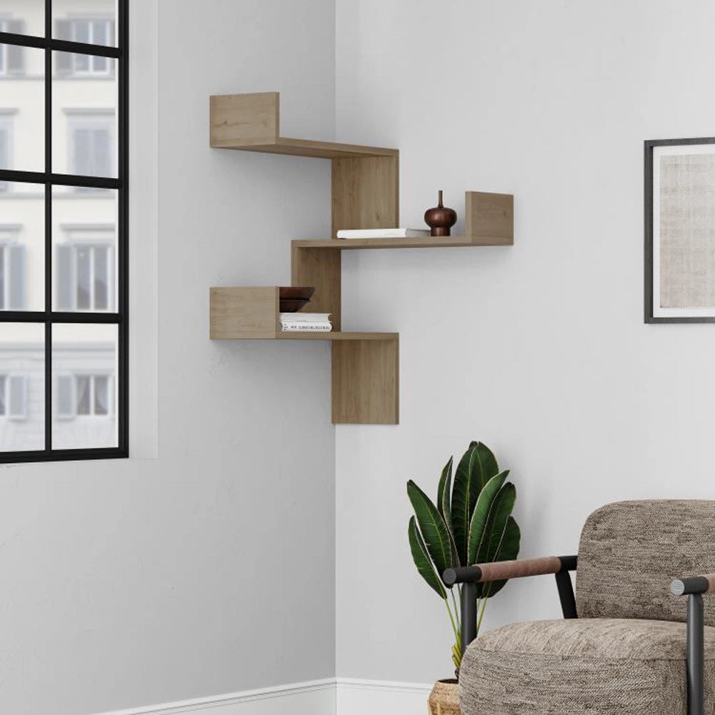 Mensola Scaffale Angolare da Parete 3 Piani Salvaspazio Noce 60 x 22 x 90H cm