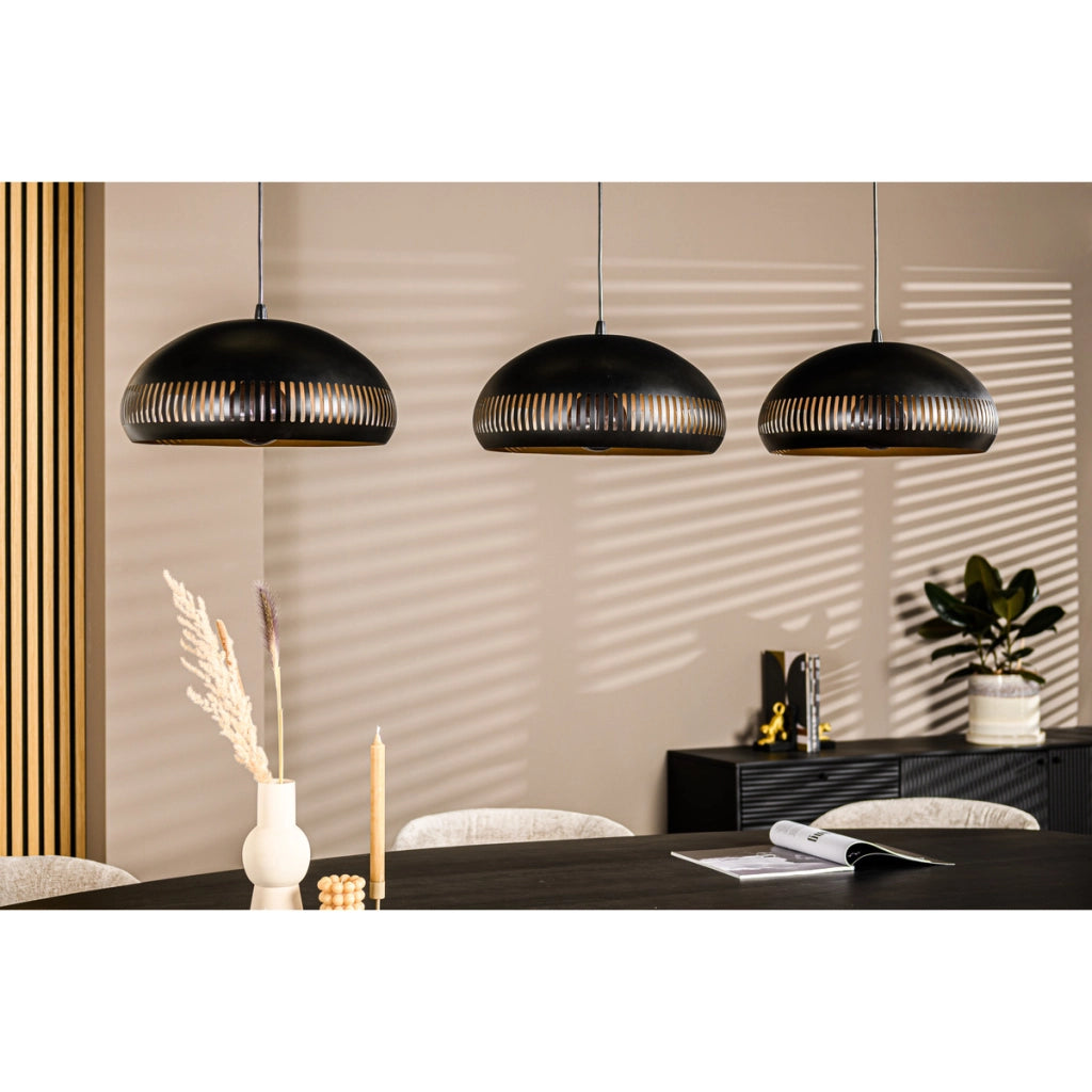 Sospensione lineare H340 nera a 3 luci con cupole in metallo