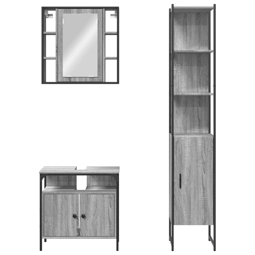 Set Mobili da Bagno | Armadio da bagno 3 pz Grigio Sonoma in Legno Multistrato