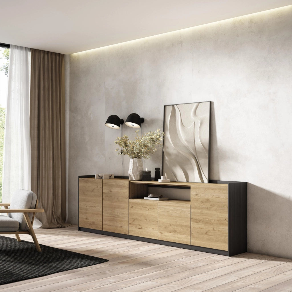 Credenza, Mobile, Cucina, 260x80x37 cm, 5 Porte, grande stoccaggio, Rovere e nero