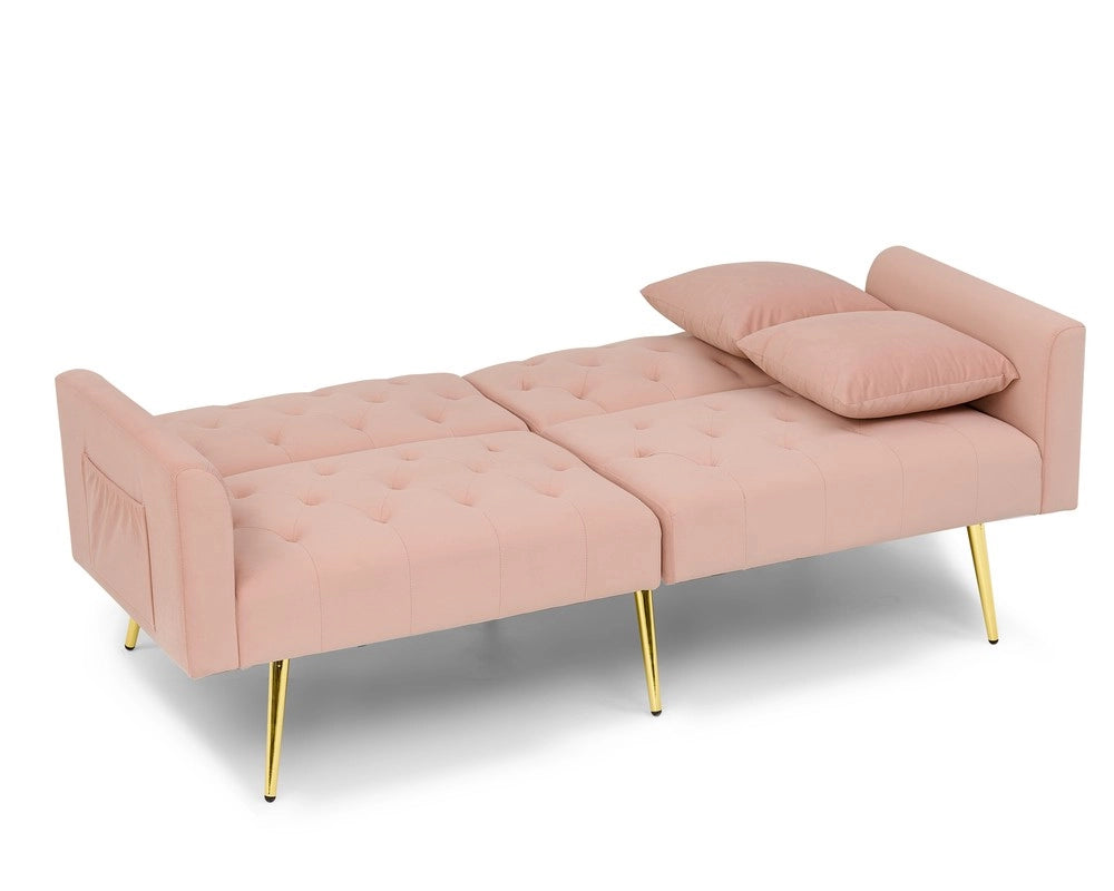 Divano 2 posti in velluto ¨C Minimal ¨C rosa con cuscini, gambe in metallo, schienale regolabile