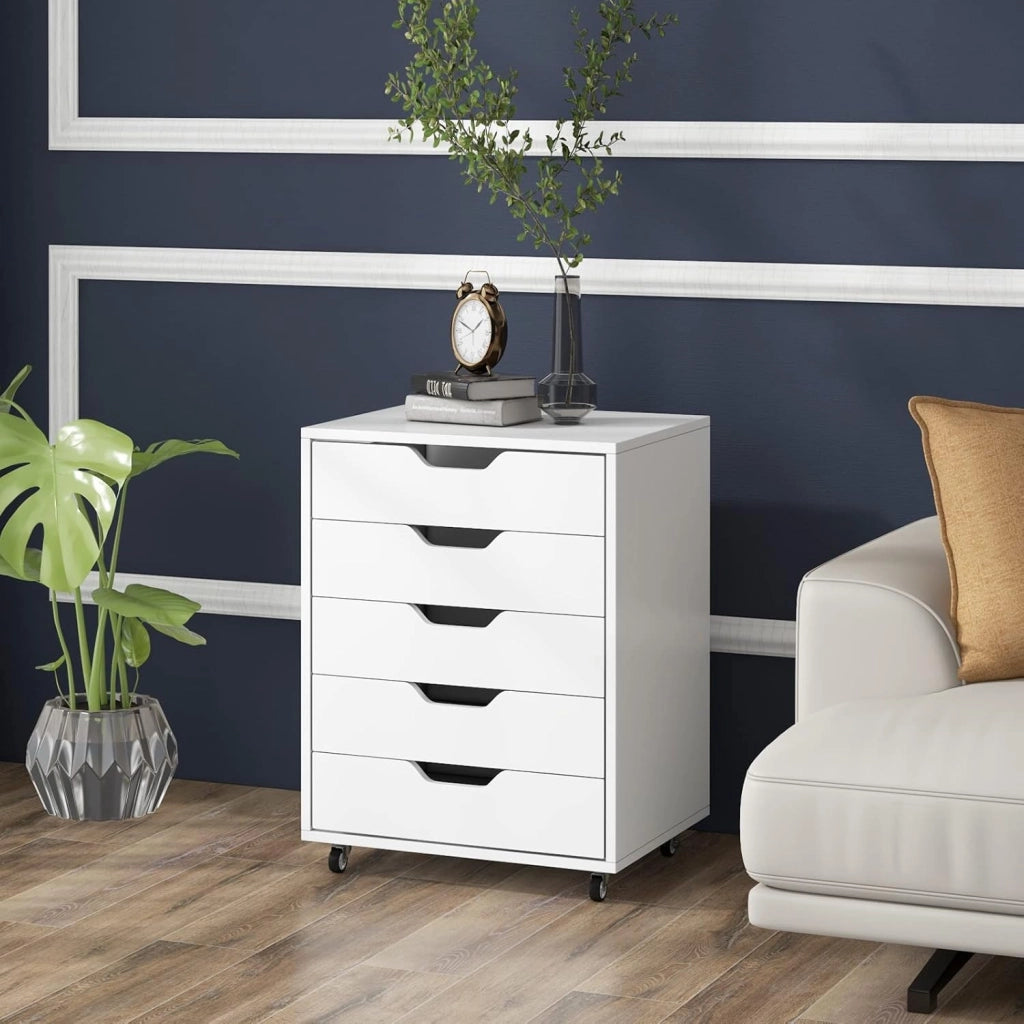 Cassettiera a 5 cassetti con maniglie nascoste, cassettiera mobile con 2 ruote bloccate, cassettiera in legno, per ufficio, soggiorno, 49 x 40 x 65 cm, bianco