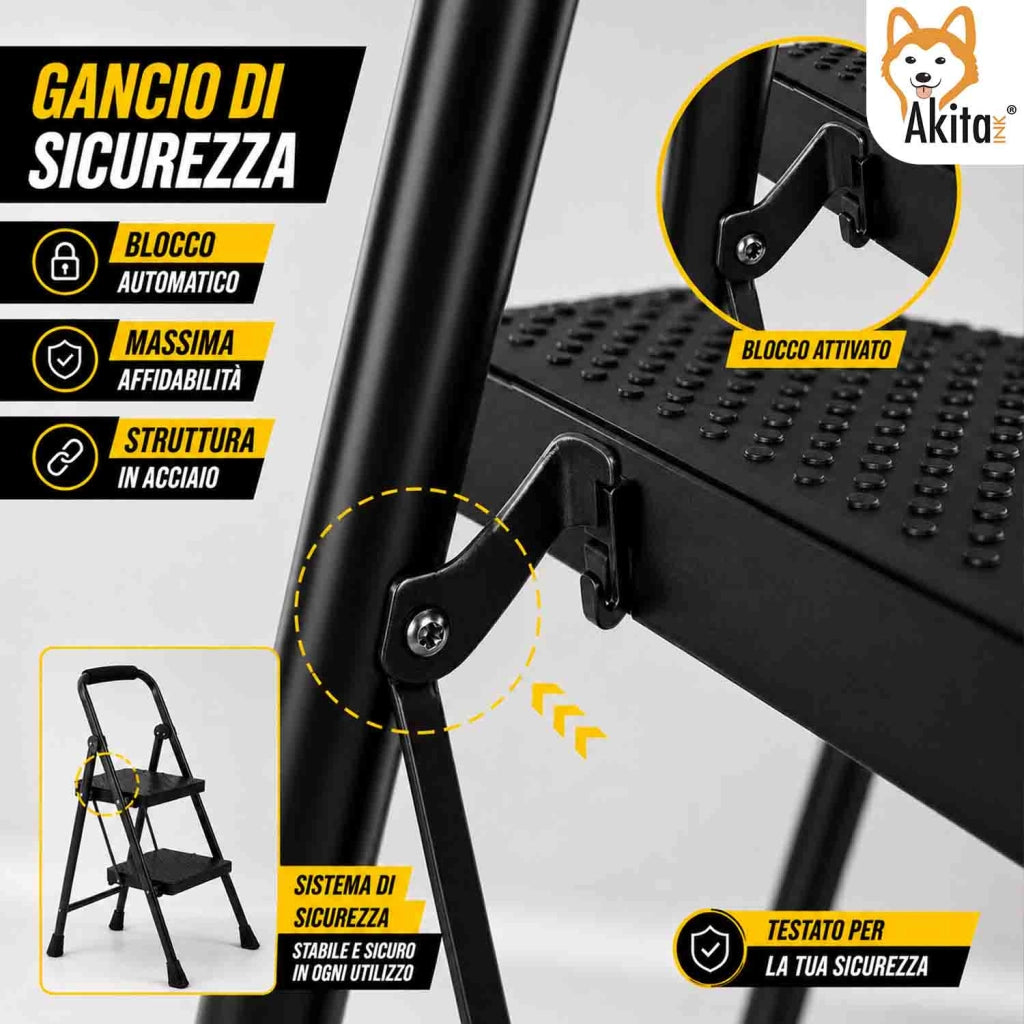 Akitaink Scaletta Acciaio 2 Gradini Pieghevole Nera 250 Kg