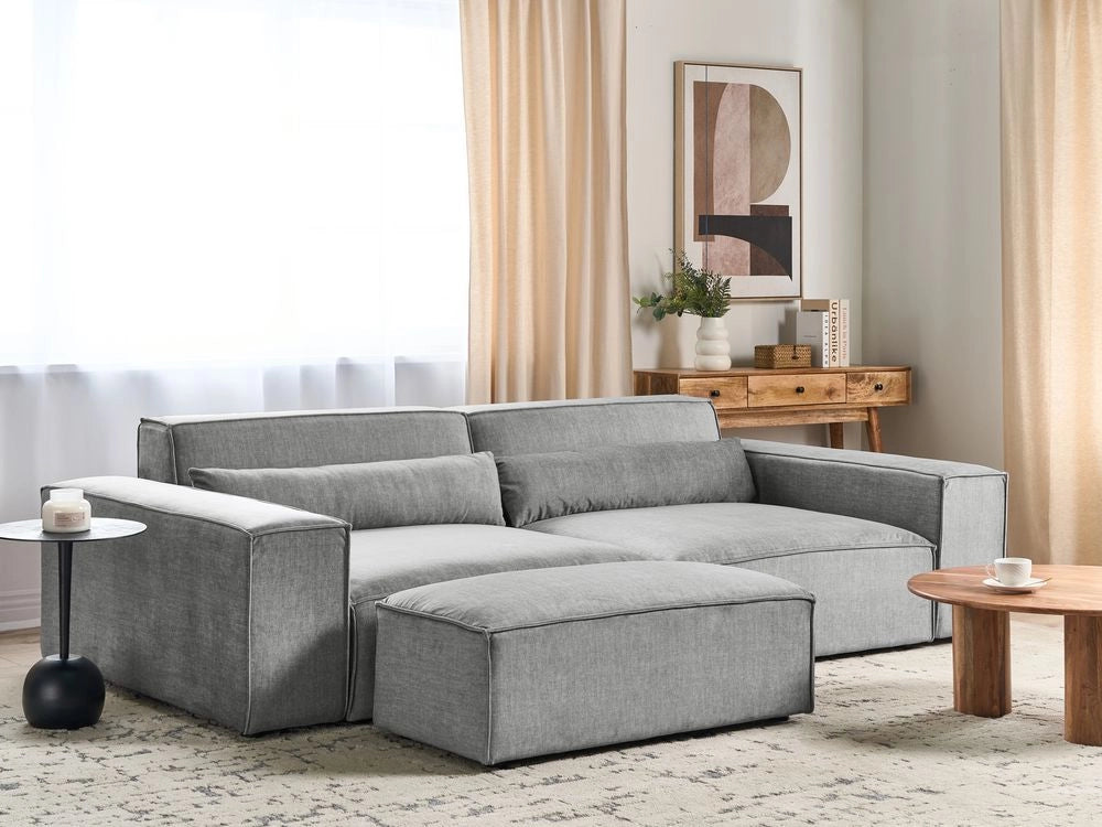 Divano modulare a 2 posti con ottomana Divano componibile in tessuto grigio con gambe nere Soggiorno moderno
