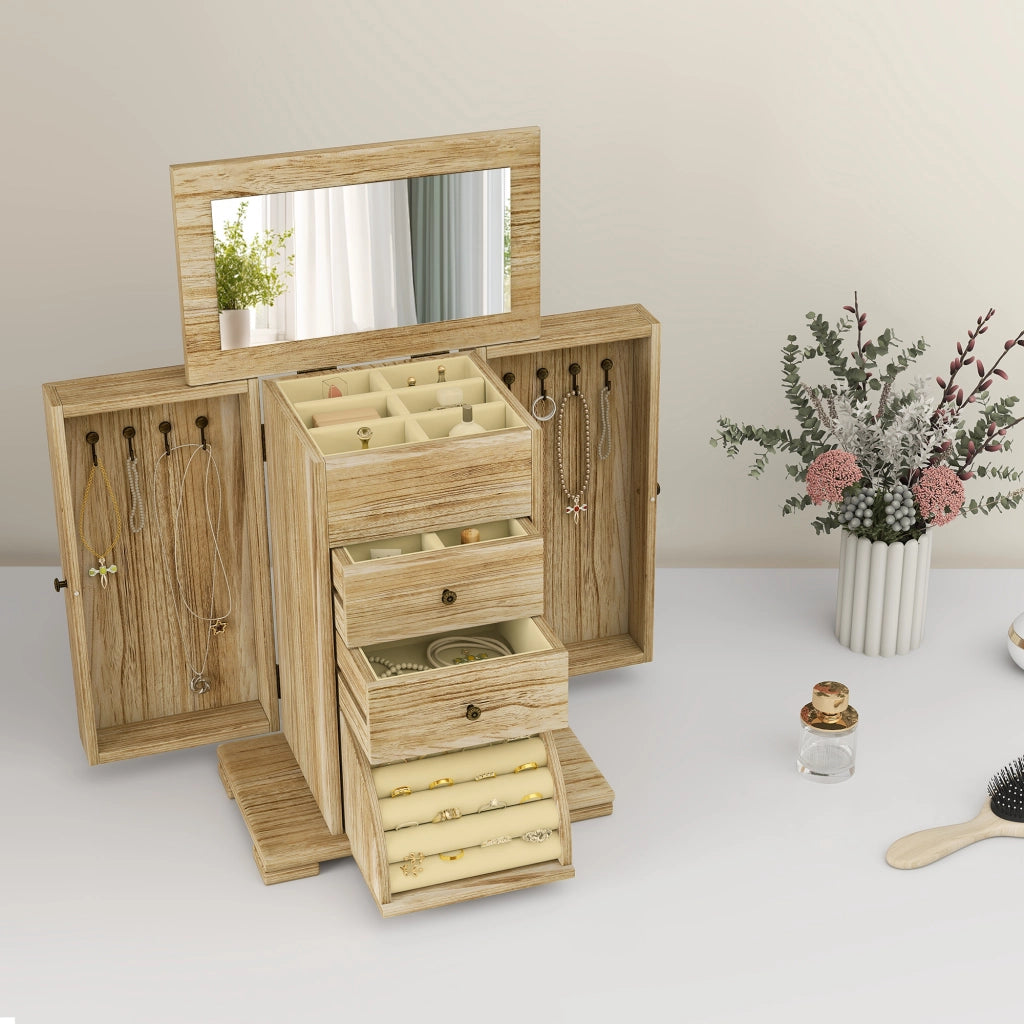 Portagioielli donna 4 livelli con ali, specchio e 2 cassetti ¨C zephmum ¨C 26,5x16x33,5 cm marrone