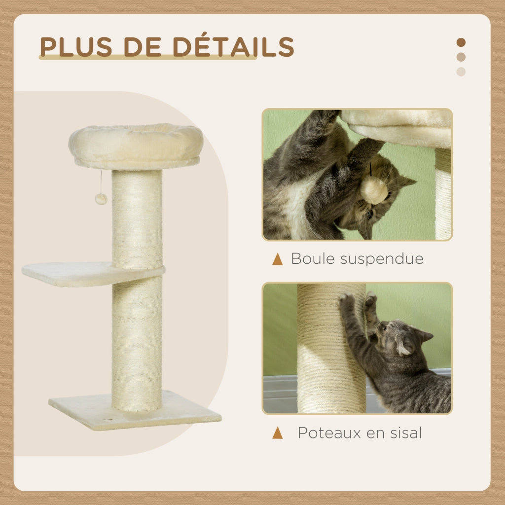 Albero tiragraffi per gatti con due piattaforme, cesto, sisale e giochi ¨C zephmum ¨C beige